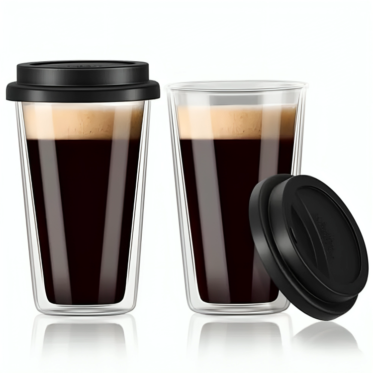 Double Wall Glass Coffee Cup with silicone lid