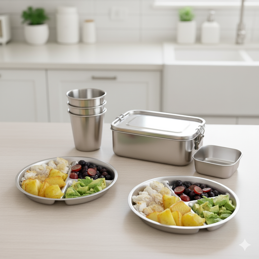 Stainless steel food containers and cups on a kitchen counter with food.