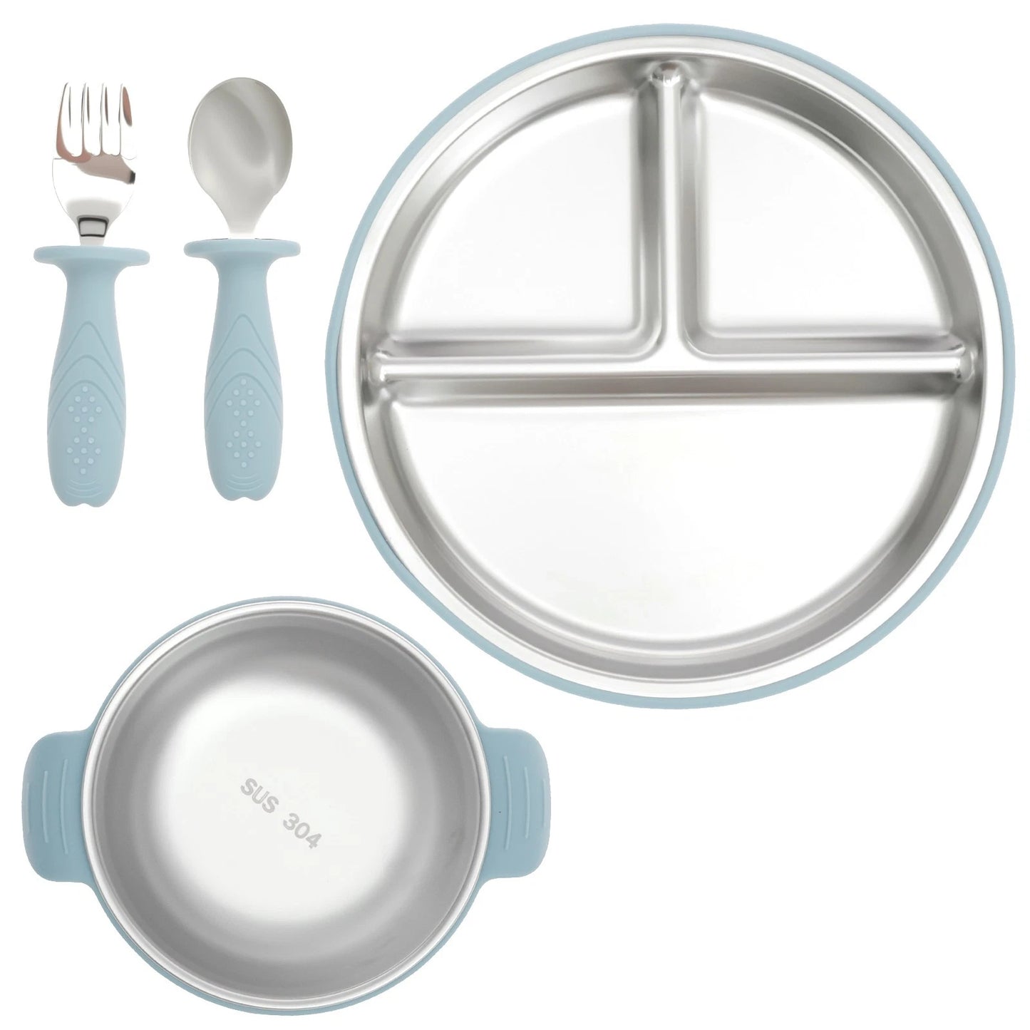 Stainless Steel Feeding Set for Baby & Kids — Suction Plate, Bowl & Cutlery